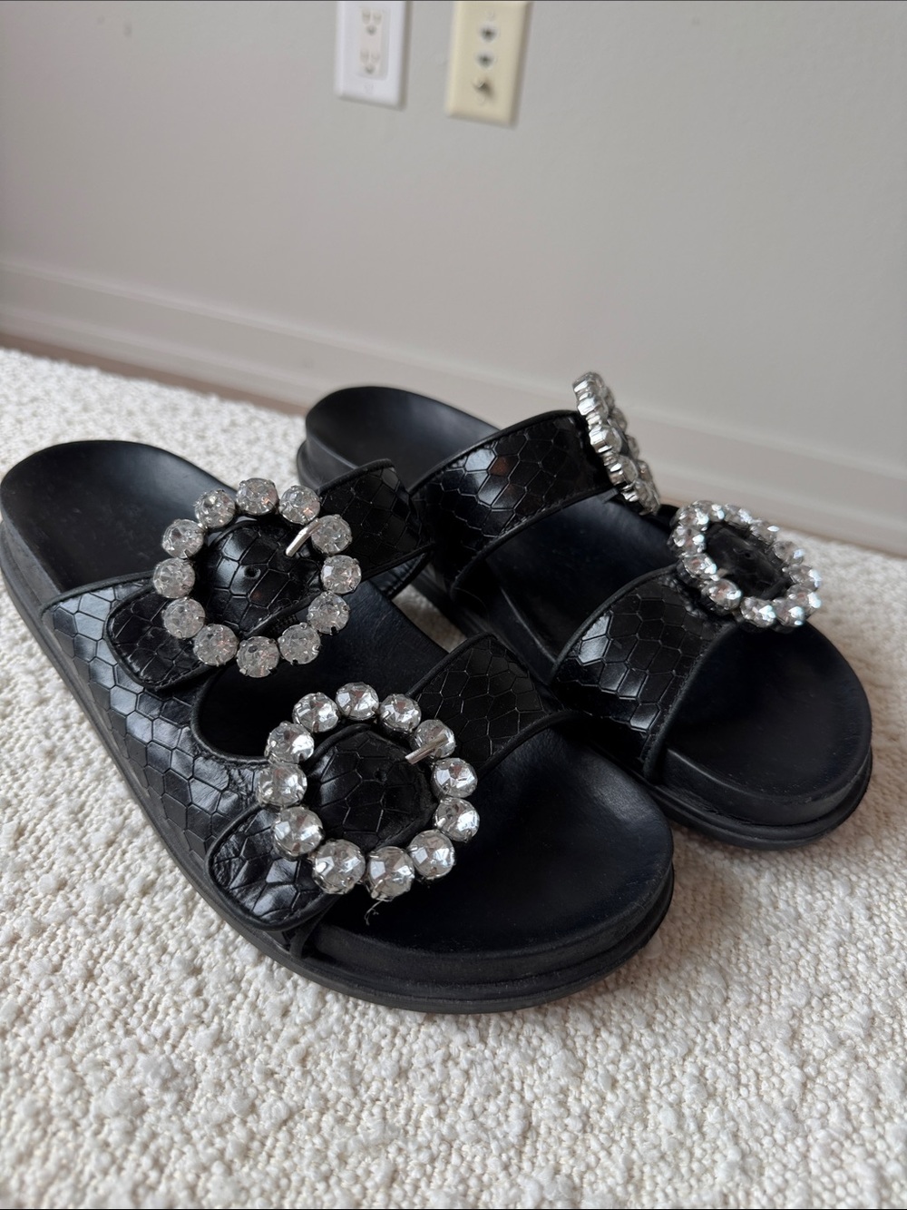 Schutz Ariel Crystal Embellished Embossed Black Slide Sandals - 7.5